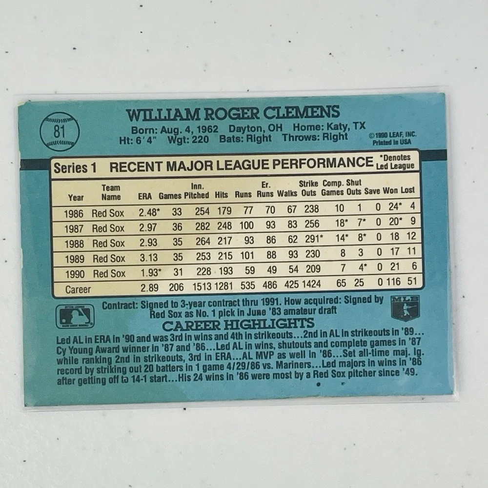 1991 Donruss Roger Clemens 81 Boston Red Sox Baseball  Trading Card Blue Stripes